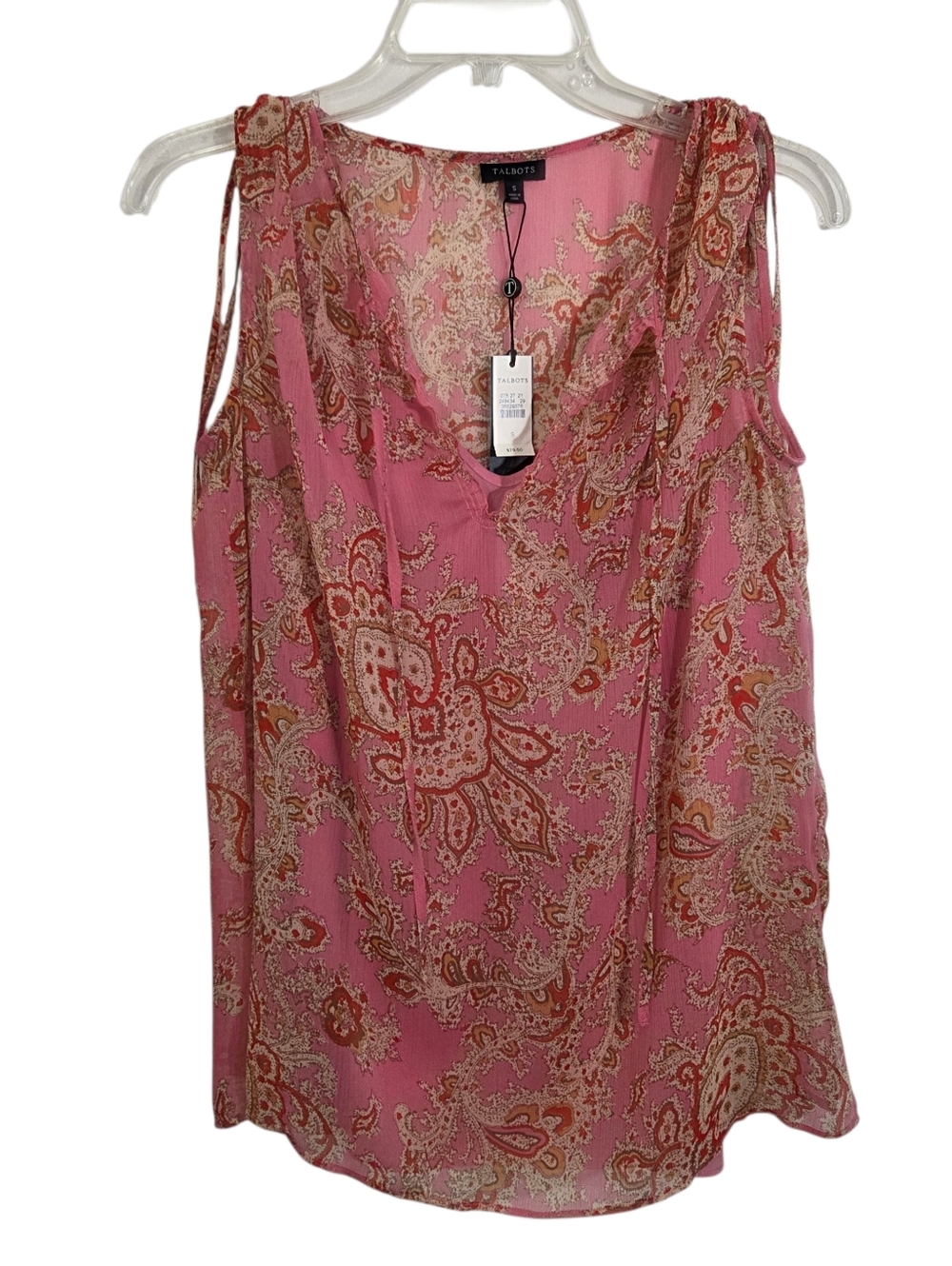 NWT Talbots Sheer Sleeveless Blouse Pink Paisley Split Neck Boho Size Small